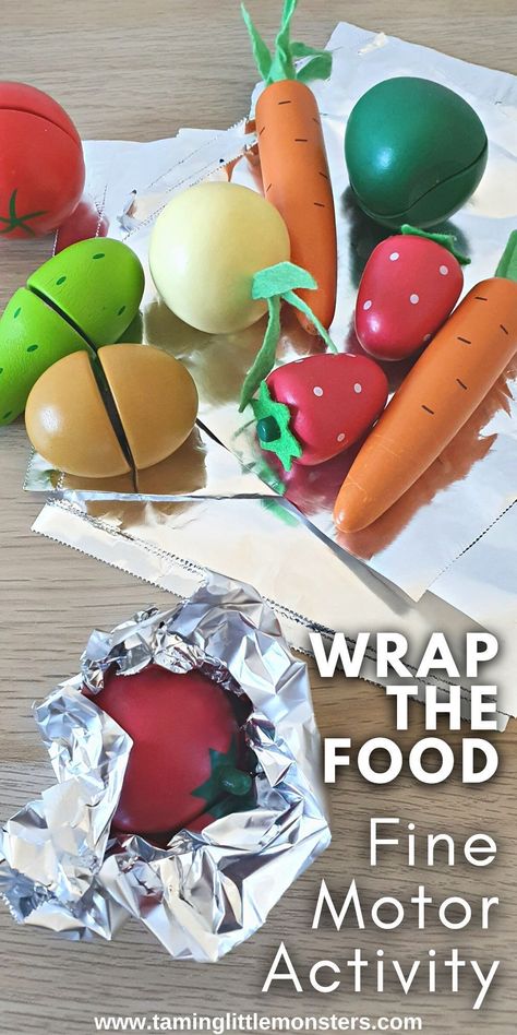 Wrap the Food - Fine Motor Activity. This is an easy way for toddlers and preschoolers to develop fine motor skills. Perfect if you're trying to teach kids about nutrition and healthy eating. #finemotor #toddlers #preschoolers Cook Activities For Preschool, Nutrition Activities For Prek, Gross Motor Food Activities, Healthy Snack Activities For Preschool, Montessori Food Activities, Tasty Activities For Toddlers, Infant Activities Food Theme, Food Curriculum Preschool, Food Activities Preschool Art