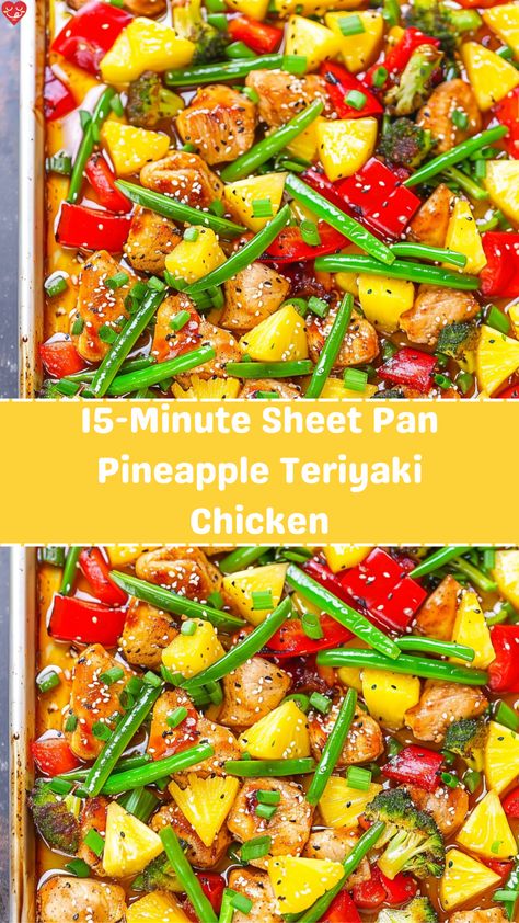 This quick and easy sheet pan meal combines the tangy sweetness of pineapple with savory teriyaki chicken and fresh vegetables. It's a perfect weeknight dinner that’s both delicious and nutritious, all cooked on one pan for easy cleanup. The high heat of the oven caramelizes the pineapple and crisps up the vegetables while keeping the chicken tender and juicy. Teriyaki Chicken With Vegetables, Hawaiian Chicken Sheet Pan Meal, Hawaiian Teriyaki Chicken Bowl, Quick Nutritious Dinners, Sheet Pan Chicken Teriyaki And Veggies, Teriyaki Sheet Pan Chicken, Baked Pineapple Teriyaki Chicken, Sheet Pan Pineapple Chicken, Sheet Pan Chicken Teriyaki