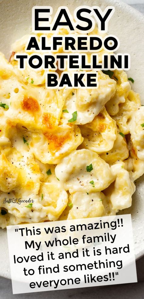 a bowl of pasta with text overlay that reads easy alfredo tortellini bake - "This was amazing!! My whole family loved it and it is hard to find something everyone likes!!" Essen, Alfredo Cheese Tortellini, Tortellini And Alfredo Recipes, Large Pasta Recipes, Sausage Alfredo Tortellini, Oven Baked Tortellini, Make Ahead Alfredo Pasta Bake, Tortelinni Bake, Cheese Tortellini With Alfredo Sauce