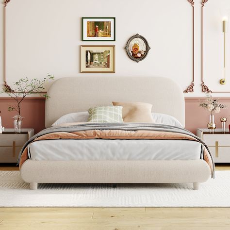 This beautiful Upholstered Platform Bed with with curve-shaped design on the headboard, footboard and side rails, adds a contemporary chic look to your bedroom and is upholstered in thick teddy fleece fabric to add extra comfort. Bed Board Designs, Fabric Bed Frames, Long Headboard, Platform King Bed, Bed Board, Headboard Shapes, Queen Platform Bed Frame, Apt Decor, Curved Headboard