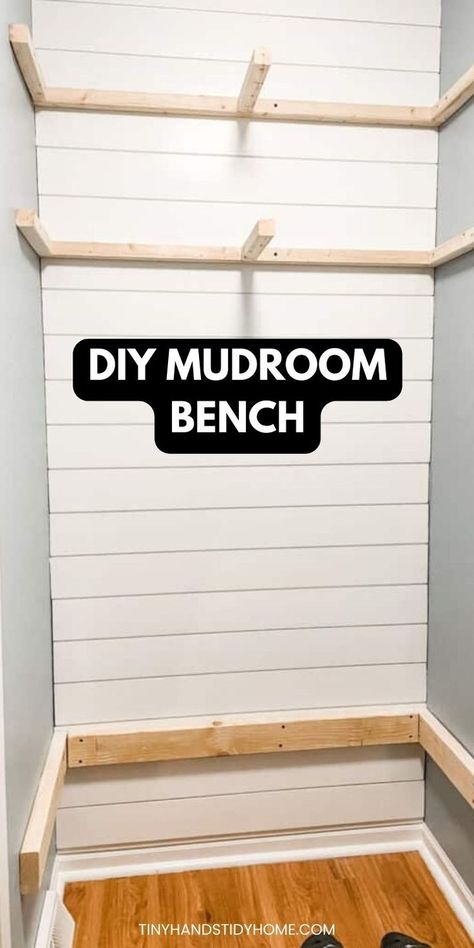 Wood Supports for bench and shelving in front of shiplap mudroom wall. The text over the image reads, "DIY mudroom bench". Entryway Closet Makeover, Closet Mud Room, Mudroom Ideas Diy, Functional Entryway, Small Mudroom, Small Mudroom Ideas, Mudroom Remodel, Diy Entryway Bench, Shoe Bench Entryway