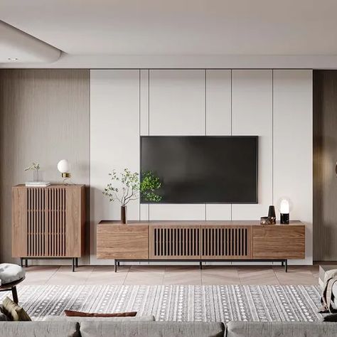 Walnut Wood Tv Stand, Japandi Living Room Tv Console, Tv Wall Walnut, Tv Wall Design Mid Century, Mid Century Tv Wall Ideas, Brown Tv Unit Living Room, Mid Century Modern Media Wall, Mid Century Modern Media Room, White Walnut Interior