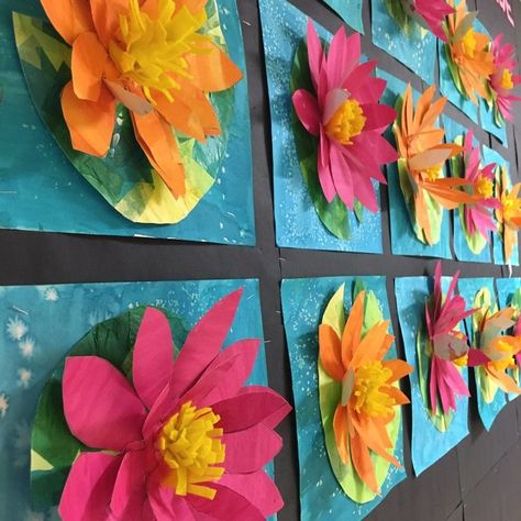 3-D WATER LILIES! 2nd GRADE! – Art with Mrs Filmore 3rd Grade Art Show Projects, Crepe Paper Art Ideas, 2nd Grade Spring Art Projects, Student Art Projects, One Day Art Lessons Elementary, Elementary School Art Projects, Waterlily Art, Art Lessons For Elementary, Art 2nd Grade