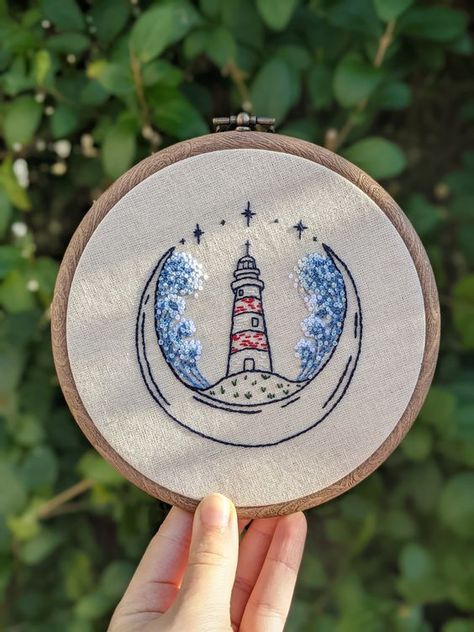 Lighthouse Moon Stars Embroidery Pattern digital PDF guide beginner easy waves ocean hand embroidery 4 Inch Embroidery Pattern, Lighthouse Embroidery Pattern, Embroidery Ocean Patterns, Wave Embroidery Pattern, Ocean Embroidery Patterns, Sea Embroidery Ideas, Space Embroidery Pattern, Embroidery Patterns Design, Colour Descriptions