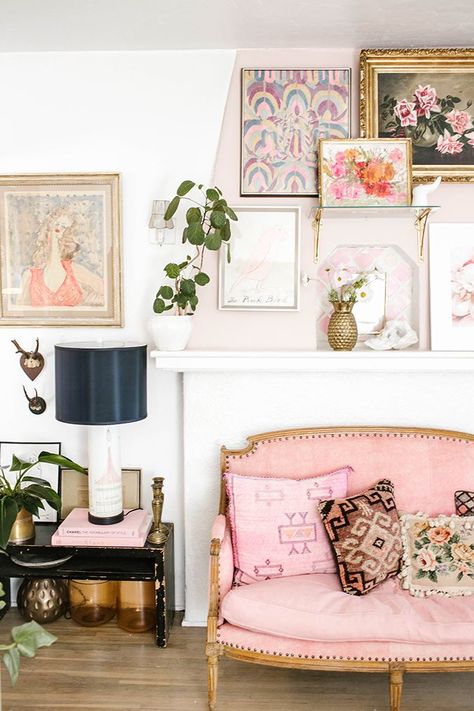 Feminine Decor Living Room, Feminine Gallery Wall, Cozy Feminine Living Room, Pink Vintage Living Room, Vintage Pink Living Room, Pink Mantle, Layered Pictures, Feminine Living Room, Feminine Decor