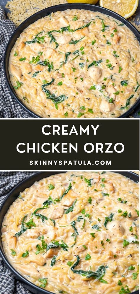 Creamy Chicken Orzo Italian Chicken Orzo Soup, Garlic Orzo Chicken, Creamy Chicken Lemon Orzo, Chicken Parmesan Orzo, Orzo In Crockpot, Chicken And Orzo Crockpot Recipes, Instant Pot Chicken Orzo Recipes, Lemon Chicken Orzo Crockpot, Crockpot Chicken And Orzo