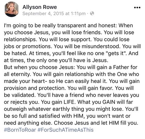 To be saved by Jesus is one thing. To be a follower of Jesus is another. It shouldn’t come as a surprise to us that the christian life the true christian life that wants to live set apart aint easy. The decisions you make as a Christ follower is going to seem foolish to an unbeliever, the sacrifices you make when you arent willing to compromise is not easy, but can i tell you? It is worth it. And you will never truly lose when you make a decision for and with God. (: How To Live Like Jesus, How To Be Saved By Jesus, How To Be More Like Jesus, How To Live For God, Jesus Saved Me, Christian Core, Jesus Motivation, Be Like Jesus, True Christian