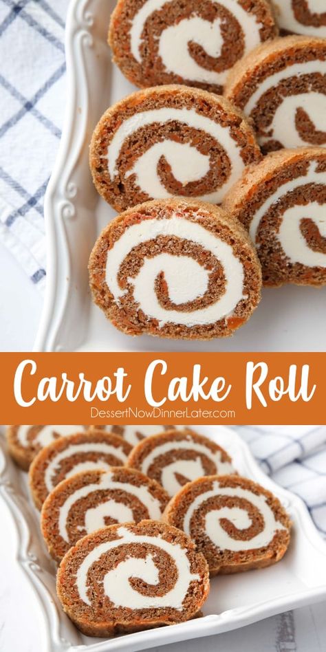 Carrot Cake Roll is a classic Easter dessert with a twist. Spiced carrot cake is rolled up with the BEST cream cheese frosting inside. Plus tips & tricks! Carrot Cake Log Roll, Carrot Cake Jelly Roll Recipe, Gourmet Easter Desserts, Carrot Cake Dessert Ideas, Jelly Roll Recipes, Carrot Roll Cake, Birthday Cake Roll, Jelly Roll Cake Easy, Easter Carrot Cake Ideas