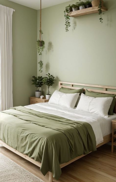 Green Room Ideas Bedroom, Light Green Bedrooms, Olive Green Bedrooms, Green Bedroom Walls, Green Bedroom Design, Pelan Rumah, Sage Green Bedroom, Minimalist Bedroom Decor, Green Walls