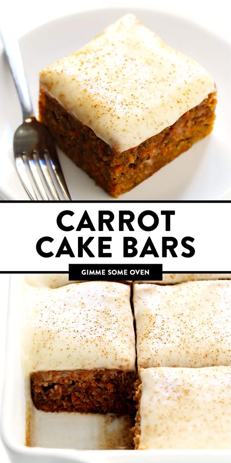 Spice Bars With Cream Cheese Frosting, Carrot Cake Squares Recipe, Bar Cakes Recipe, Cream Cheese Carrot Cake Bars, Carrot Cake Cream Cheese Bars, Baking Desserts Recipes, Carrot Bars With Cream Cheese Frosting, Easy Bars For A Crowd, Carrot Cake Dessert Ideas