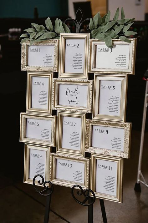 Horizontal and Vertical Picture Frame Seating Chart - Because seating plans have so many responsibilities, choosing the best DIY wedding seating chart for your big day might seem overwhelming. It should not. All you need to do is to find the perfect balance among your options. Whatever your wedding style is, there is a way to make these 21 ideas work with your dream. This collection is designed to be mixed and matched to engineer a seating plan chart perfect for your needs. Unique Table Seating Chart, Beige Sage Wedding, Picture Frame Table Seating Chart, Picture Frame Seating Chart, Pine Wedding, Seating Chart Wedding Diy, Table Placement, Wedding Seating Chart Template, Table Seating Chart