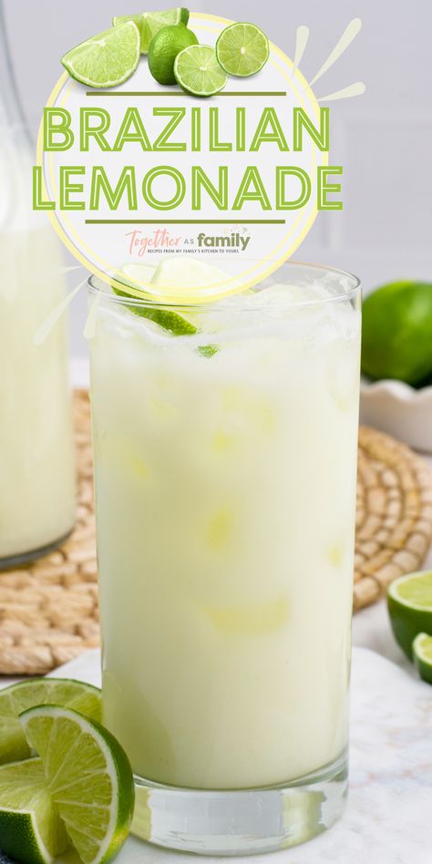 One image and a text circle at the top with text in it. Brazilian Lemonade, Lemonade Drink, Iced Drinks Recipes, Healthy Summer Desserts, Drink Recipes Nonalcoholic, Lemonade Drinks, Refreshing Drinks Recipes, Lemonade Recipes, Healthy Drinks Recipes