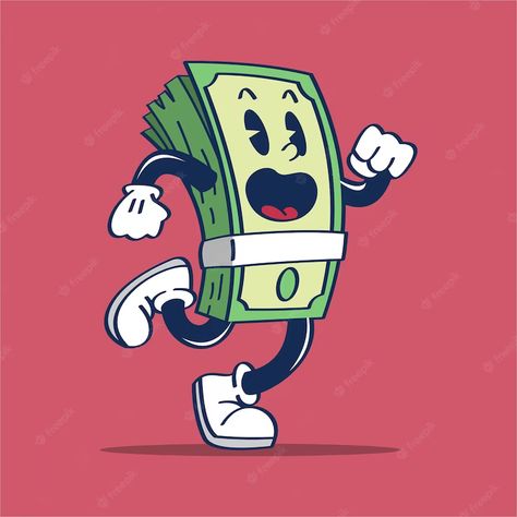 Money Cute Drawing, Cartoon Graphic Design Illustration, Money Graphic Design Illustration, Money Cartoon Drawing, Retro Cartoon Illustration, Running Character Design, Money Character, Running Character, Cartoon Running