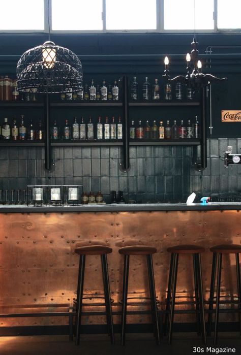 Copper Bar Design, Spanish Bar Interior Design, Speakeasy Restaurant Design, Masculine Bar Ideas, Modern Industrial Bar Design, Bar Cladding Ideas, Small Commercial Bar Design, Copper Restaurant Design, Rustic Bar Aesthetic