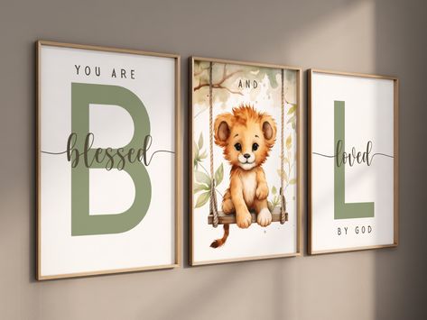 Elevate your nursery with our charming printable wall art featuring a baby lion on a swing, reminding your little one that they are blessed and loved by God. Perfect for creating a jungle safari theme in your nursery or as a thoughtful gift for a new baby or baptism. ⚠️ BEFORE BUYING Please remember this is an INSTANT PRINTABLE DOWNLOAD, No physical items will be shipped. Frames in pictures are not included. There are no refunds due to the nature of the instant digital download.   🤍🤍WHAT'S INC Boy Baptism Gift, Baby Safari Nursery, Toddler Wall Art, Christian Nursery Decor, Christian Wall Art Printable, Sunday School Decorations, Christian Nursery, Baby Present, Bible Verses For Kids