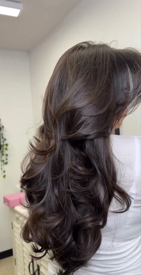 Haircuts That Look Good In A Ponytail, Blowout Hair Bangs, Haircuts For Long Brown Hair, Chunky Layers Long Hair, Hairstyles For Long Layered Hair, Brown Hair Perm, Curtain Bangs And Long Layers, Haircuts Side Part, Front Layers Long Hair