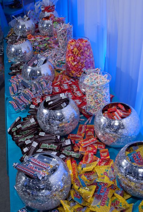 18th Birthday Snack Bar, Disco Party Snack Table, Club Theme Sweet 16, Candy Sweet 16 Theme, Candy Bar Ideas Birthday Sweet 16, Disco Party Treat Table, Disco 18th Party, Disco Snack Table, Disco Party Food Ideas Dessert Tables