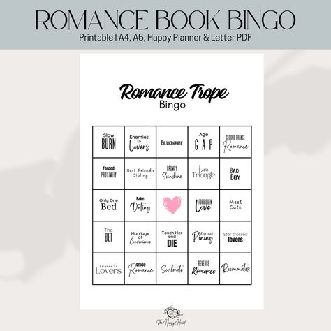 Book Bingo, Reading Challenge, Book Trope Tracker, Book Lovers, Book Journal, Printable Reading Challenge, Romance Reading Challenge by TheHappyHeart11 on Etsy Romance Reading Challenge, Bingo Reading Challenge, Book Journal Printable, Book Bingo, Book Lovers Book, Planner Lettering, Lovers Romance, Billionaire Romance, Bingo Printable