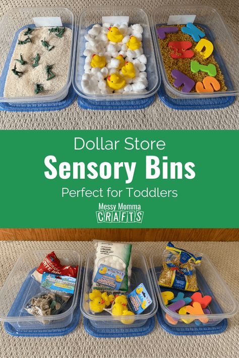 A sensory bin is a fun way for toddlers to practice cognitive and fine motor skills with play! This easy DIY uses items from the dollar store and around the house. Learn how to make homemade sensory bins for your kids from Messy Momma Crafts. #MessyMommaCrafts Cool Whip Sensory Bin, Quick Sensory Bin, Easy Diy Sensory Bin, Sensory Bin 12 Month Old, Outside Sensory Bins, Speech Sensory Bins, Sensory Activities Diy, Sensory Bins 2 Year, Sensory Diy Toys