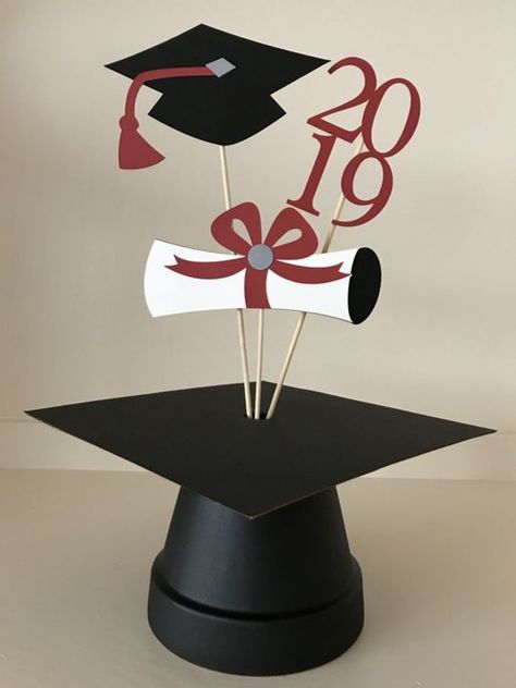 Grad Center Piece Ideas, Graduation Decor For Kindergarten, Simple Graduation Centerpieces Diy, Graduation Diy Centerpieces, Grad Centerpiece Ideas For Guys, Graduation School Decorations, Red And Silver Graduation Party Ideas, College Centerpieces, Dollar Tree Graduation Centerpieces