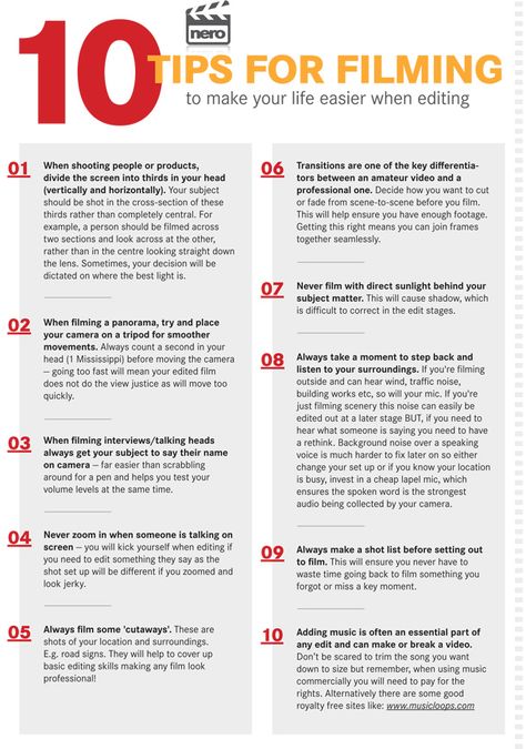 Check out Nero's top ten tips for filming video, then enter our competition to win a Toshiba action camcorder and Nero 2014 Platinum video editing suite! Video Editing Basics, Horror Movie Making Tips, Film Club Ideas, How To Make A Movie, Filming Tips, Video Editing Tips, Filmmaking Tips, Film Class, Make A Movie