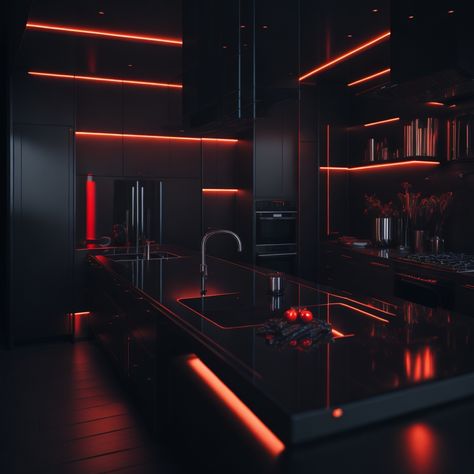 Black And Red Apartment Aesthetic, Black And Red House Aesthetic, Black And Red House Exterior, Black And Red Bedroom Decor Modern, Black Red Kitchen, Black And Red House Interior Design, Black Theme House, Black And Red Room Ideas, Black And Red Bedroom Decor