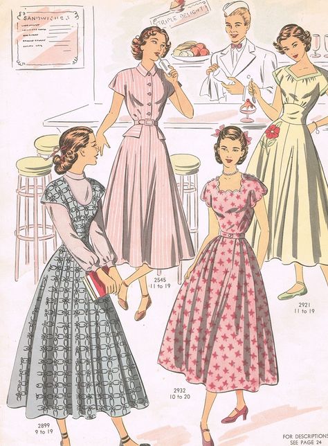 I am beyond smitten with this fantastic soda shop illustration featuring a selection of spring fashions from 1949. #soda #shop #teenagers #spring #vintage #1940s #fashion #clothing #dress Macan Kumbang, 40s Mode, Vintage Fashion Sketches, Vintage Clothes Patterns, Spring Fashions, Mode Retro, Fashion 1940s, Fashion Illustration Vintage, Look Retro