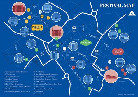 Birmingham Design Festival Map | Festival design, Illustrated map, Map Event Map Graphic Design, City Infographic Design, Interactive Map Design, Illustrated Map Design, Event Map Design, Festival Map Design, Festival Wayfinding, Location Map Design Graphics, Infographic Map Design