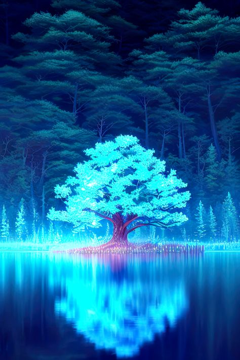 Blue Tree Aesthetic, Blue Tree Wallpaper, Fantasy Lake, Fantasy Trees, Lake Artwork, Majestic Tree, Dream Moon, Blue Trees, Fantasy Tree