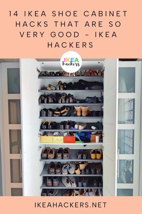 Garage Shoe Wall, Shoes Racks Ideas, Ikea Garage Shoe Storage, Shoe Cabinet Garage, Shoe Ikea Storage, Hidden Shoe Rack Ideas, Floor To Ceiling Shoe Storage, Shoes Ideas Storage, Ikea Shoe Closet Hack