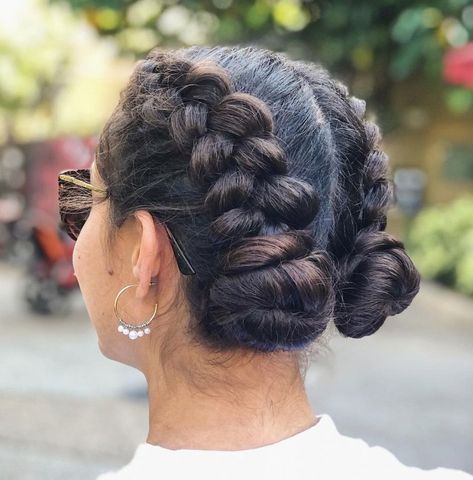 Double Dutch Braids into Buns Wedding Hairstyles Dutch Braid, Hair Braid Updos For Long Hair, Braids In To A Bun, Casual Hairstyles With Braids, Fancy Dutch Braid, Double French Braid Bun, French Braids To Buns, Best Gymnastics Hairstyles, Double Braids For Short Hair