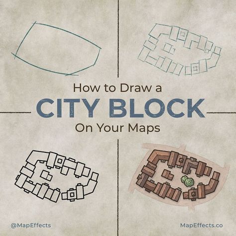 City maps can be a lot of fun to draw, but they come with their own unique set of challenges. It’s one thing to draw individual buildings that are completely isolated from one another; it’s another to draw a city block where everything is more mashed together. In this tutorial I’ll walk you through my process to sketching, inking, and finally coloring a city block so you can add them to your own fantasy maps! #mapeffects #howtodraw #fantasymaps #fantasy #tutorial #rpg #dungeonsanddragons How To Draw Villages On A Map, How To Draw Cities On Fantasy Maps, Dnd Fantasy Map, Drawing A Fantasy Map, Fantasy Map Tutorial, How To Make A Map, How To Make A Fantasy Map, Map Fantasy Art, City Fantasy Map