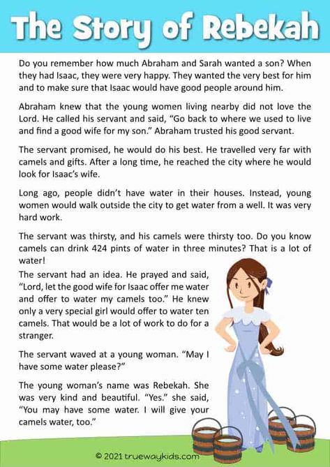 Check out this pin for all the details you need to teach your 5-10 year old kids about the Rebekah Bible story! With worksheets, study guide, Bible story, games, crafts, coloring pages, and more, your kids will love learning about this amazing woman from the Bible. Isaac And Rebecca Bible Story, Bible Stories For Kids Sunday School, Bible Story Games, Bible Stories To Read, Rebekah Bible, Abraham Bible Story, Bible Story For Kids, Sunday School Stories, Bible Stories For Children