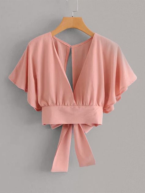 Tie Back Butterfly Sleeve Blouse | SHEIN Back Tie Blouse Saree, Woman Blouse Design, Butterfly Sleeves Blouse, Sew Blouse, Minimal Stil, Butterfly Sleeve Top, Butterfly Sleeve Blouse, Tie Back Dress, Tie Back Top