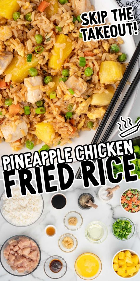 Fall in love with our Pineapple Chicken Fried Rice recipe, with tender chicken, juicy pineapple, and fluffy jasmine rice. Easy dinner, and so much better than takeout! Pineapple Fried Rice Easy, Chicken Fried Rice With Pineapple, Pineapple Rice Chicken, Rice With Pineapple Recipe, Pineapple Chicken Fried Rice Recipe, Pineapple Chicken And Rice Healthy, Hawaii Fried Rice, Chicken Rice Pineapple Recipes, Pineapple Chicken And Rice Recipe