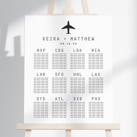 Direct guests to their tables at your travel themed wedding with this unique seating chart that features airport codes in lieu of table numbers. Simple black and white design features your names and airport codes in electronic style dot lettering, with your guest names listed beneath. An airplane icon illustration at the top completes the design. Themed Seating Chart Wedding, Travel Theme Wedding Seating Chart, Travel Themed Table Numbers, Dot Lettering, Wedding Table Markers, Unique Seating Chart, Aviation Wedding Theme, Lebanon Wedding, Airport Wedding