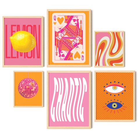 PRICES MAY VARY. Quirky Home Decor: Infuse your space with unique charm using our quirky artwork. This funky decor print collection is the perfect decoration for an eclectic home decor aesthetic, adding a touch of fun to any retro apartment, living room, bedroom, kitchen, or bathroom Complete Set: Our colorful posters set includes two 12x16", two 11x14", and two 8x10" prints, creating a captivating maximalist gallery wall. Ideal for maximalist wall decor, these hot orange and pink room decor pic Pink Orange And Blue Dorm Room, Hot Pink And Orange Room, Orange And Pink Room, Room Aesthetic Pictures, Pink And Orange Room, Colorful Retro Aesthetic, Prints For Dorm, Maximalist Decor Bedroom, Retro Posters For Room