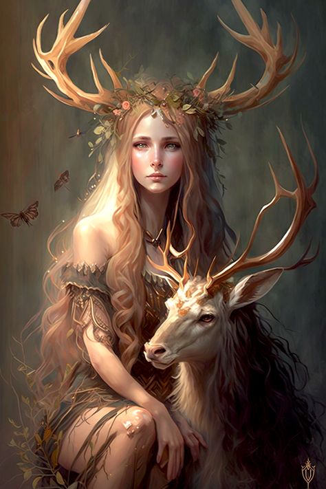 Elf With Antlers Art, Deer Goddess Art, Female Deer Art, Deer People Art, Eladrin Druid Female, Elf With Antlers, Human Deer Character Design, Dnd Wood Elf Female, Forest Goddess Art