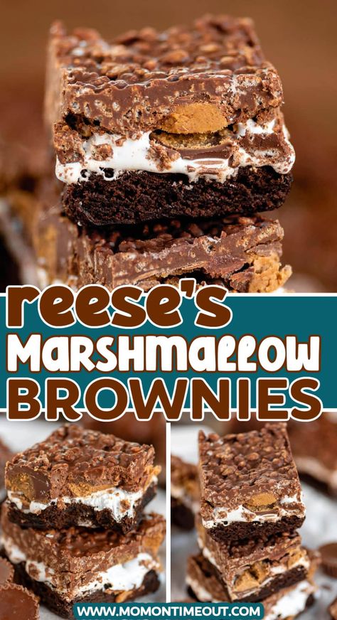 These Reese's Marshmallow Brownies combine the classic richness of chocolate brownies with the ooey gooey delight of marshmallows and the iconic taste of Reese's Peanut Butter Cups. Perfect for any occasion, these brownies offer layers of fun flavors and textures that will leave you craving more! Kos, Peanut Butter Chocolate Marshmallow Bars, Dessert Recipes Reeses, Reese Cup Recipes, Decadent Brownie Recipes, Reese’s Desserts, Reese Brownies, Brownie Dessert Ideas, Brownies With Marshmallow Fluff