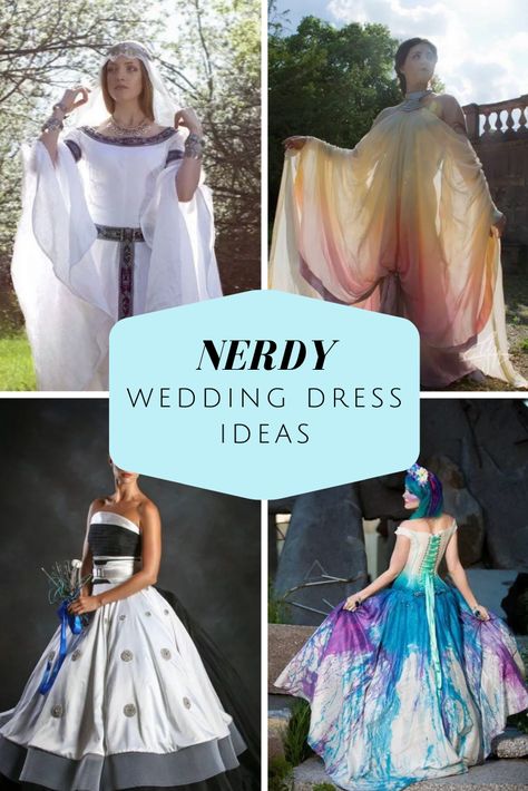 Wedding Dresses for Fantasy and Sci-Fi Brides | Lovers of fantasy and sci-fi can have a great appreciation for fashion because of their outsized imaginations. That's how you get the most artfully crafted and nerdy wedding dresses this side of Hyrule Kingdom. Adapted from beloved works of Disney, video games, and cult classics, these geek wedding dresses will have you waltzing down the aisle humming "Bippity boppity boo" -- or screaming "Beetlejuice, Beetlejuice, Beetlejuice!" Cosplay Wedding Dress, Star Trek Wedding Dress, Nerdy Wedding Reception Ideas, Zelda Inspired Wedding Dress, Nerdy Wedding Dress, Marvel Wedding Dress, Starwars Wedding Dresses, Star Wars Inspired Wedding Dress, Sci Fi Wedding Dress