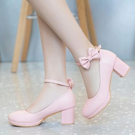 Freesia Bow Accent Ankle Strap Chunky-Heel Pumps | YesStyle Heels For Girls, Beige High Heels, Thick Heel Shoes, Ankle Strap Chunky Heels, White High Heels, Pink High Heels, Butterfly Knot, Chunky Heel Pumps, Womens Pumps