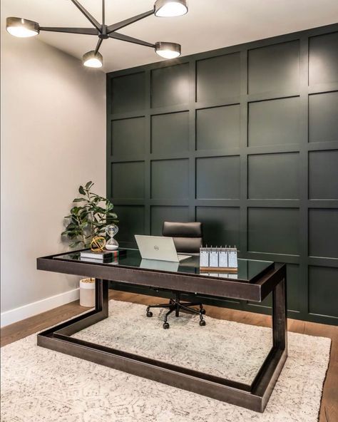 Office With Feature Wall, Office Accent Wall Ideas Paint, Hideaway Home Office Ideas, Green And Black Office Design, Dark Bedroom Office, Gray Green Office Walls, Home Office Ideas Dark Green Walls, Good Office Colors, Green Panelling Office