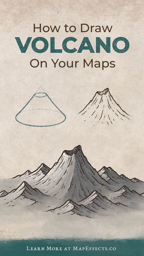 How to draw a volcano on your fantasy maps. New cartography tutorial. Volcano Map Drawing, Fantasy Map Drawing Ship, Fantasy Map Icons Sea, Own Map Drawing, Fantasy Map Volcano, Volcano Map Dnd, Dnd Map Drawing, How To Draw A Volcano, Drawing Maps Art