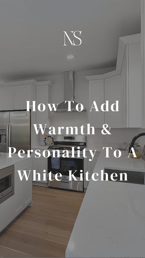 All White Cabinets Kitchen, White Kitchen Without Upper Cabinets, Add Colour To White Kitchen, White Kitchen With White Cabinets, White Kitchen With White Walls, Kitchen Decor With White Cabinets, White Walls Kitchen Ideas, Boring White Kitchen, How To Style A White Kitchen