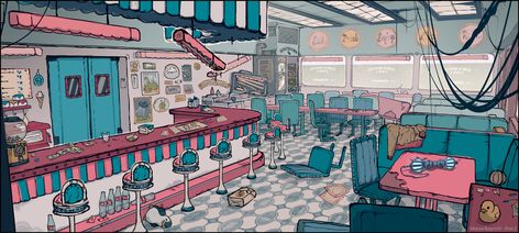 Diner Scene Illustration, Retro Diner Drawing, Retro Diner Illustration, Diner Concept Art, Diner Reference, Futuristic Diner, Diner Drawing, Retro Cafe Interior, Diner Interior Design