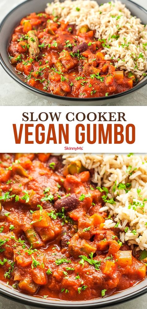 Vegan Slow Cooker Meals, Slow Cooker Plant Based Recipes, Plant Based Slow Cooker, Vegan Crockpot Meals, Vegetarian Gumbo Recipe, Healthy Gumbo, Vegan Gumbo Recipe, Slow Cooker Vegetarian Recipes, Vegan Gumbo