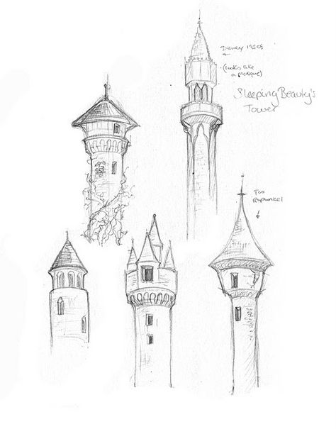 Towers. Towers. Fairytale Towers                                                                                                                                                                                 More Castle Sketch, Castle Drawing, Výtvarné Reference, Building Drawing, House Sketch, Architecture Drawing Art, Fantasy Castle, Fantasy Map, 판타지 아트