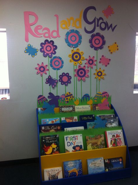 12 Amazing Library Display Ideas for Every Month – Saved you a Spot Library Corner For Kindergarten, Read And Grow Display, Library Area Ideas Preschool, Classroom Reading Quotes, Cute Preschool Bulletin Boards, Spring Library Bulletin Boards, Easter Library Displays, Spring Library Displays, Book Corner Display