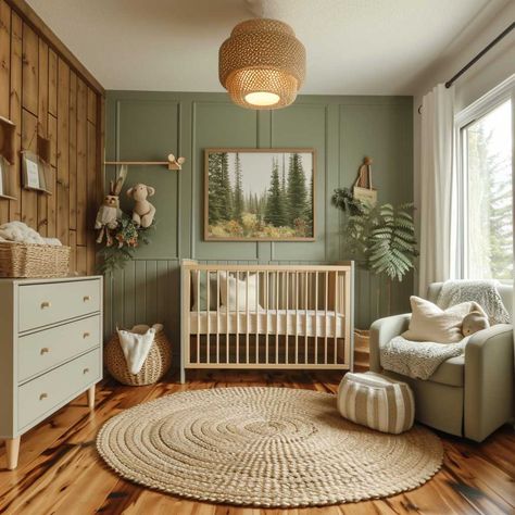 20+ Nature-Inspired Green Nursery Themes for a Serene Baby Space • 333+ Images • [ArtFacade] Cow Boho Nursery, Themes Nursery Ideas, Diy Nursery Wall, Organization Nursery, Nursery Layout, Nursery Guest Room, Baby Nursery Inspiration, Wallpaper Kids, Baby Room Themes