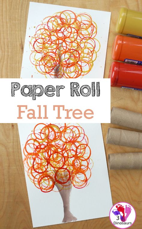 An Easy Fall Painting: Paper Roll Stamped Fall Tree | 3 Dinosaurs Prek Leaves Activities, Crafts 3 Year, Fall Art For Two Year Olds, Preschool Fall Crafts Art Activities, Preschool Activities For Fall, Autumn Preschool Art, Preschool Trees Activities, Trees Unit Preschool, Toddler September Themes